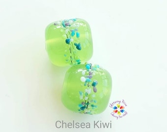 Lampwork Beads Chelsea Kiwi Blossom Barrel pair, green purple blue, pastel, jewellery supplies jewelry made to order