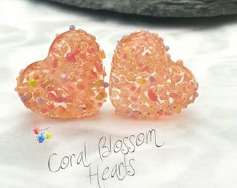 Textured Lampwork Beads Handmade, Small Beads, Glass Hearts, Coral Blossom Love Heart Pair