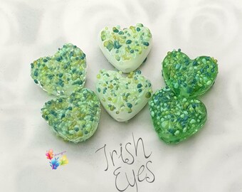 Lampwork Beads Handmade, per pair Small Beads, Glass Hearts, Irish Eyes Blossom Love Heart Pair, Green Beads made to order