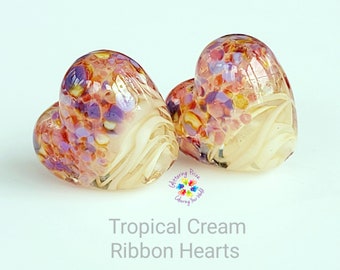 Lampwork Beads Glass Beads Tropical Cream Ribbon Heart Pair Small pink purple made to order