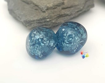 Lampwork Beads Steel Blue Sparkle Nugget Pair, glass beads, glitter beads, sapphire, jewel tone, handmade, faceted, shimmer made to order