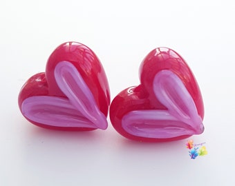 Lampwork Beads Handmade, Small Beads, Strawberry Red & Hot Pink Heart Pair