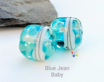 Lampwork Beads Handmade, Blue Jean Baby Boho Barrels Pair, Glass Beads, blue green sea stained glass earring pair made to order