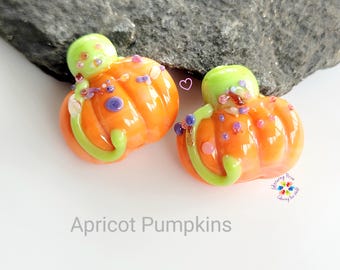Handmade Autumn Glass Pumpkin Bead Pair - Halloween Fall Jewelry Making Supplies - made similar to order