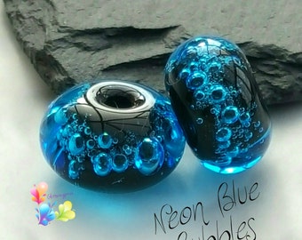 Glass Lampwork Beads Neon Blue Bubbles per pair