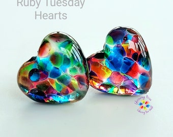 Lampwork Beads Handmade, Ruby Tuesday Stained Glass Heart Pair, Glass Beads, purple amethyst green rainbow stained glass made to order