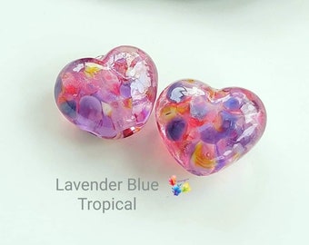 Lampwork Beads Handmade, Lavender Blue Tropical Itty Biddy Hearts, pair made to order pink purple