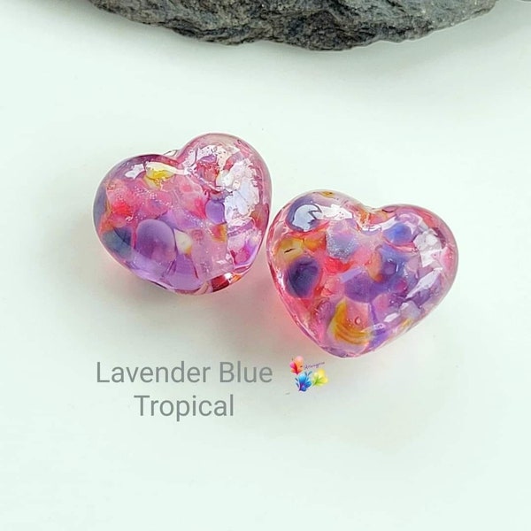 Lampwork Beads Handmade, Lavender Blue Tropical Itty Biddy Hearts, pair made to order pink purple