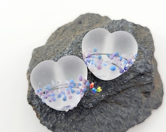 Lampwork Glass Beads Handmade, Small Glass Hearts, Lavender Blossom Heart Pair purple made to order yellow green pink orange