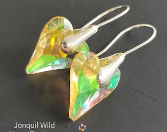Crystal Dangle Earrings, Jonquil Wild Heart Crystal Heart Earrings, Sterling Silver Jewellery, Jewelry charm foiled yellow rainbow
