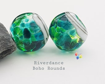 Lampwork Beads Handmade, Riverdance Boho Pair, Glass Beads, green emerald gem tone stained glass earring pair