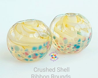 Lampwork Beads Glass Beads Crushed Shells Ribbon Round Pair Small pink blue cream  made to order