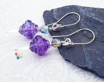 Silver Dangle Earrings, Boo Purple Spinner Earrings, Sterling Silver Earrings, Lampwork Jewellery, Crystal Jewelry, Purple Earrings