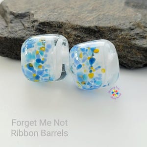 Lampwork Beads Glass Beads Forget Me Not Ribbon Barrel Pair Small blue yellow white   made to order