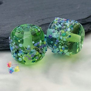 Lampwork Beads Handmade, Glass Beads, Ombre Beads, Green & Blue Batik Blossom Pair  made to order