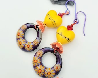 Niobium Dangle Earrings, Purple& Yellow Hoop Earrings, Hypo Allergenic Earrings, Lampwork  sunflower golden orange Crystal halloween