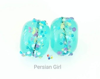 Lampwork Beads Handmade, Persian Girl Blossom Pair, Glass Beads, Chelsea Mint green purple  made to order