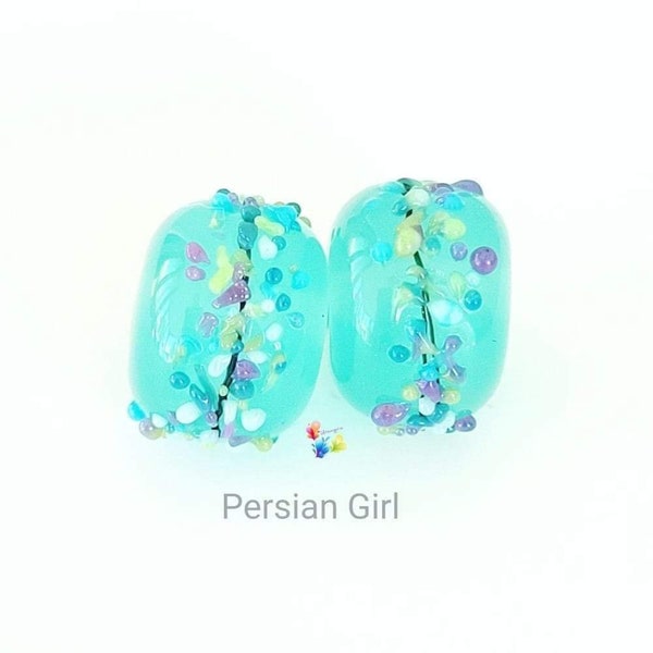 Lampwork Perlen handgefertigt, Persian Girl Blossom Paar, Glasperlen,Chelsea Mint grün lila auf Bestellung