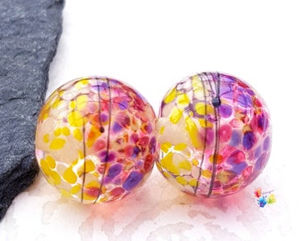 Lampwork Beads Handmade, Sub Tropical Boho 50/50 Pair, Glass Beads, yellow pink purple  made to order