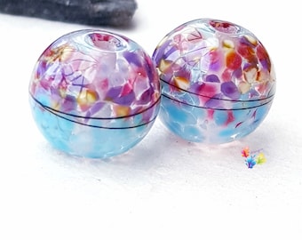 Lampwork Beads Handmade, Fantasy Blue Boho 50/50 Pair, Glass Beads, pink purple
