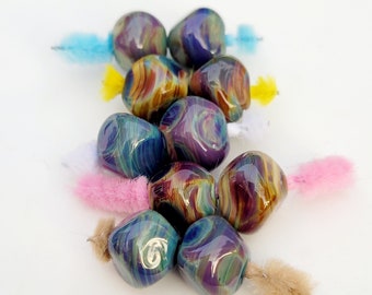 Lampwork Beads Handmade, small beads, earring pairs, nuggets, glass beads, multocolour Raku , purple blue pink multicolour multicolor