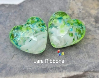 Lampwork Beads Glass Beads Lara Ribbon Heart Pair Small green blue white