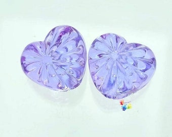 Lampwork Glass Beads Handmade, Lavender Blue Starburst Crystal Cut Effect Heart Pair, Glass Beads, purple