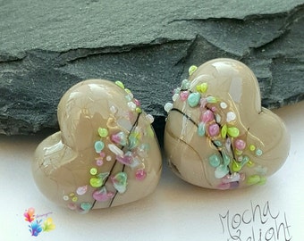 Lampwork Beads Mocha Delight Blossom Heart pair, latte, coffee, pastel, jewellery supplies jewelry