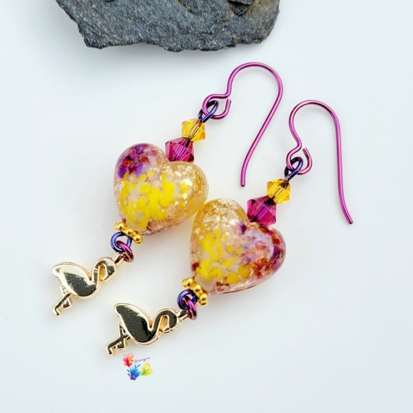 Niobium Dangle Earrings, Sub Tropical Falmingo Earrings, Hypo Allergenic Earrings, Lampwork Jewellery, colour clash color yellow gold ruby