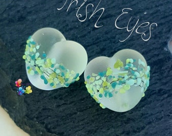 Lampwork Beads Handmade, Small Beads, Green Beads, Seaglass Irish Eyes Hearts  made to order