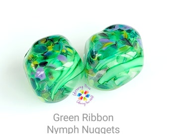 Green Ribbon Nymph Nuggets,  Lampwork Beads Handmade, Small Beads, green blue purple green made to order