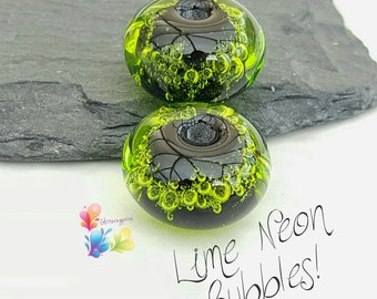 Lampwork Beads Handmade, Neon Lime Bubbles per pair, made to order