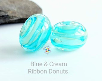 Lampwork Beads Handmade, Blue & Cream Ribbon Donut Pair, Glass Beads, beachy