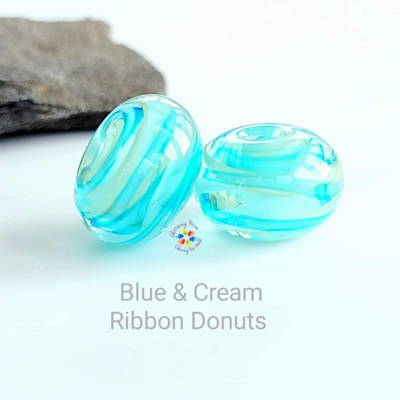 Lampwork Beads Handmade, Blue & Cream Ribbon Donut Pair, Glass Beads, beachy image 1