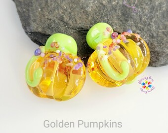Handmade Autumn Glass Pumpkin Bead Pair - Halloween Fall Jewelry Making Supplies - made similar to order