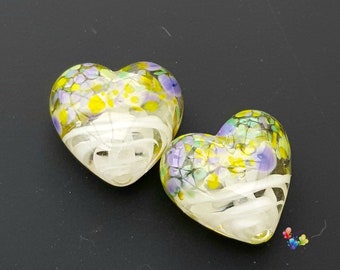 Lampwork Beads Glass Beads Crocus White Ribbon Heart Pair Small