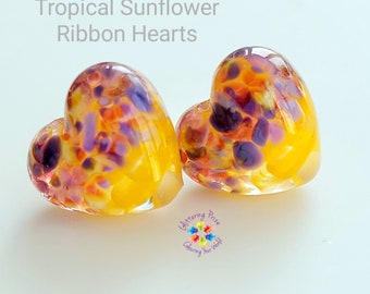 Lampwork Beads Glass Beads Tropical Sunflower Ribbon Heart Pair Small pink purple pink cream yellow  made to order