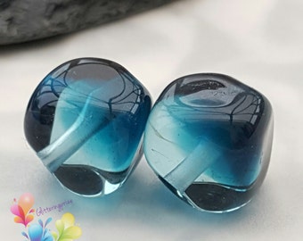 Lampwork Beads Handmade, Ombre Beads,  Glass Beads, Inky Blue Two Tone Nuggets Pair  made similar to order