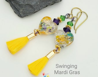 Niobium Dangle Earrings, Swinging Mardi Gras Tassel Earrings, Hypo Allergenic Earrings, Lampwork Jewellery, purple green  gold charm