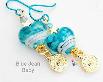 Niobium Dangle Earrings, Blue Jean Baby Heart Golden Medallion Earrings, Hypo Allergenic Earrings, Lampwork Jewellery, charm earrings blue