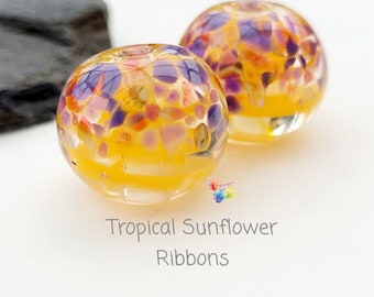 Lampwork Beads Handmade, Tropical Sunflower Ribbon Pair, Glass Beads,  made to order