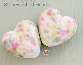 Lampwork Beads Handmade, Stonewashed Delightful Love Heart Pair, small beads pink blue green pastel made to order