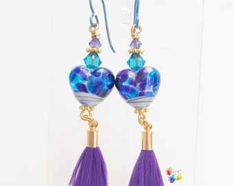 Niobium Dangle Earrings, Parma Violet Tassel Earrings, Hypo Allergenic Earrings, Lampwork Jewellery, purple blue tanzanite charm