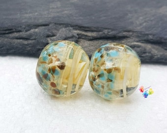 Lampwork Beads Handmade, Beachcomber Cream Ribbon Pair, Glass Beads, brown,  Blue beach, rustic