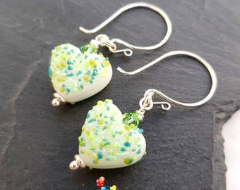 Silver Dangle Earrings, Irish Eyes Heart Earrings, Sterling Silver Earrings, Lampwork Jewellery, Crystal Jewelry, Green Earrings