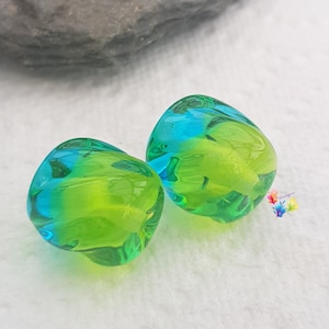 Lampwork Beads Handmade, Ombre Beads,  Tropical Green and Blue Two Tone Twists Pair