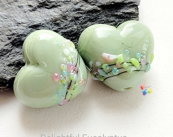 Lampwork Beads Handmade, Small Pair, Blue Beads, Delightful Eucalyptus Hearts