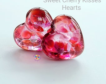 Lampwork Beads Handmade, Sweet Cherry Kisses Stained Glass Heart Pair, Glass Beads, pink magenta ruby stained glass made to order