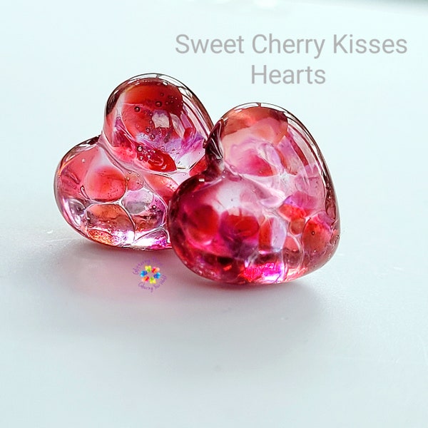 Lampwork Beads Handmade, Sweet Cherry Kisses Stained Glass Heart Pair, Glass Beads, pink magenta ruby stained glass made to order