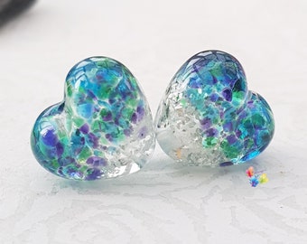 Lampwork Beads Handmade, Peacock Silver Heart Pair, Glass Beads, sparkle, blue beads